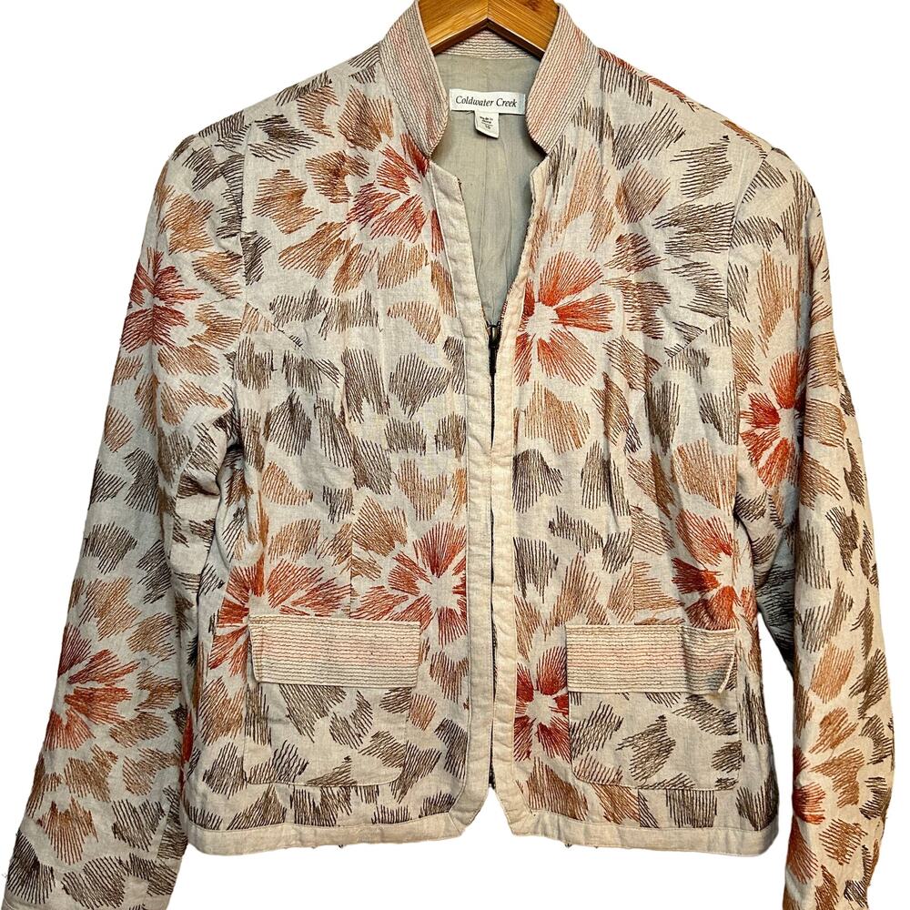 Coldwater Creek Embroidered Floral Jacket 10 Tan Rust Zip Coat Women's Linen